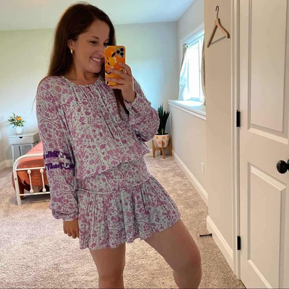 Hemant & Nandita Blue Purple Floral Sequin Smocked Long Sleeve Mini Dress XS - Picture 15 of 16